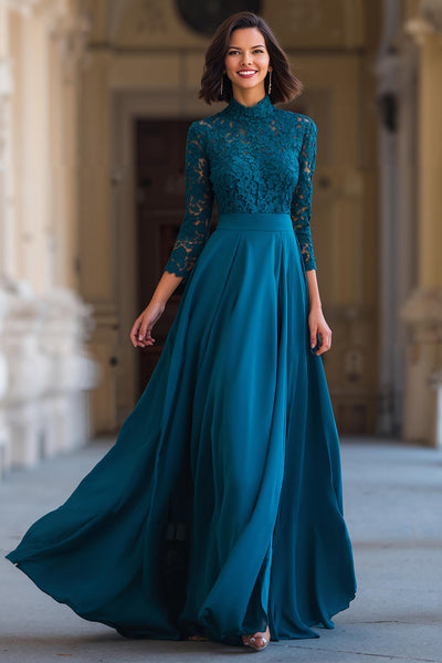 Peacock Blue Chiffon High Neck A-Line Long Mother of the Bride Dress with Lace