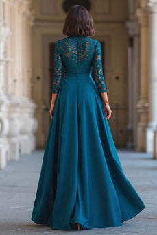 Peacock Blue Chiffon High Neck A-Line Long Mother of the Bride Dress with Lace