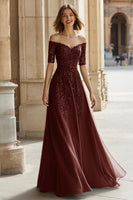 Load image into Gallery viewer, Pine Green Chiffon Off the Shoulder A-Line Long Mother of the Bride Dress with Beading