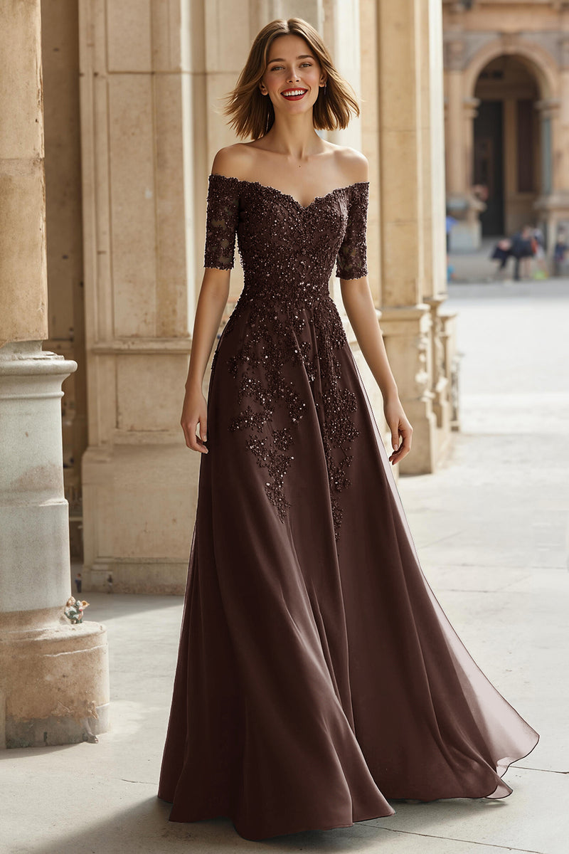 Load image into Gallery viewer, Pine Green Chiffon Off the Shoulder A-Line Long Mother of the Bride Dress with Beading