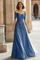 Load image into Gallery viewer, Pine Green Chiffon Off the Shoulder A-Line Long Mother of the Bride Dress with Beading