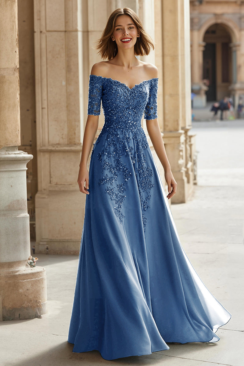 Load image into Gallery viewer, Pine Green Chiffon Off the Shoulder A-Line Long Mother of the Bride Dress with Beading