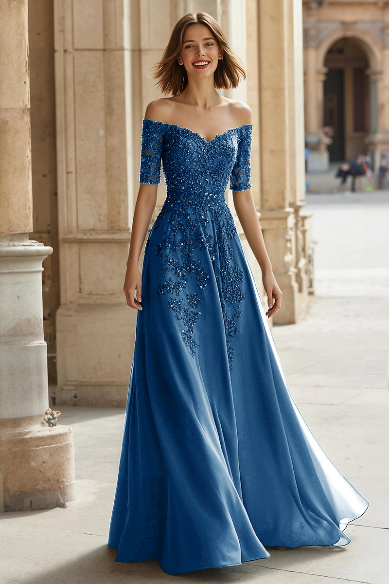 Load image into Gallery viewer, Pine Green Chiffon Off the Shoulder A-Line Long Mother of the Bride Dress with Beading