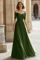 Load image into Gallery viewer, Pine Green Chiffon Off the Shoulder A-Line Long Mother of the Bride Dress with Beading