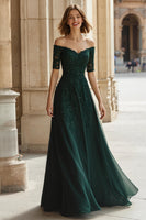 Load image into Gallery viewer, Pine Green Chiffon Off the Shoulder A-Line Long Mother of the Bride Dress with Beading