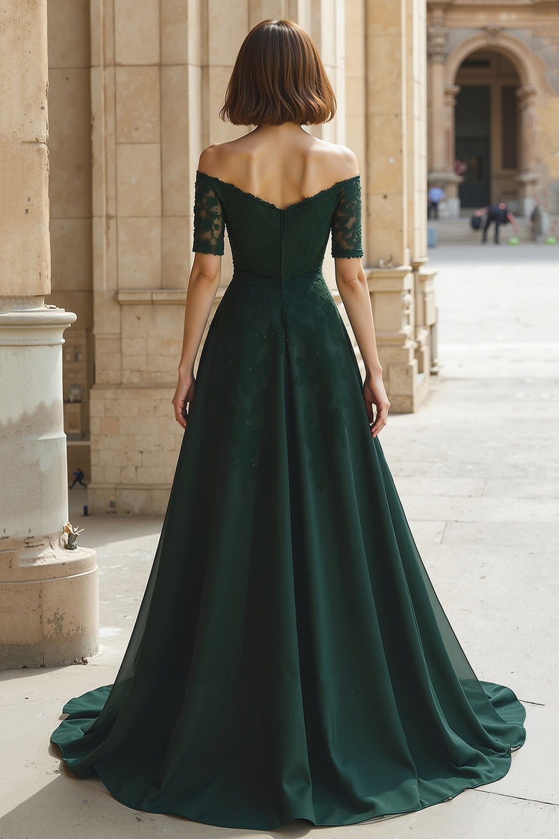 Load image into Gallery viewer, Pine Green Chiffon Off the Shoulder A-Line Long Mother of the Bride Dress with Beading