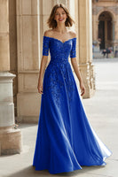 Load image into Gallery viewer, Pine Green Chiffon Off the Shoulder A-Line Long Mother of the Bride Dress with Beading