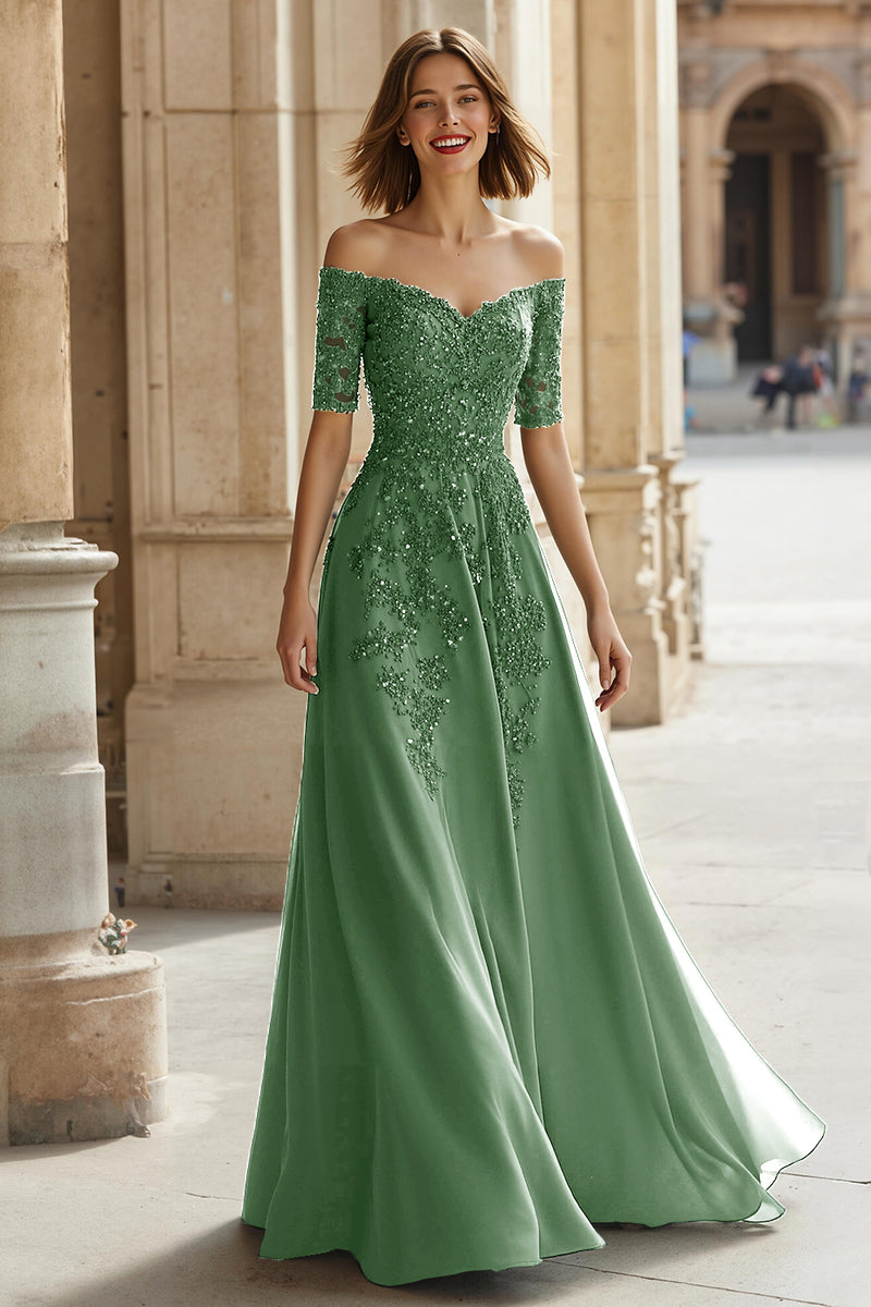 Load image into Gallery viewer, Pine Green Chiffon Off the Shoulder A-Line Long Mother of the Bride Dress with Beading