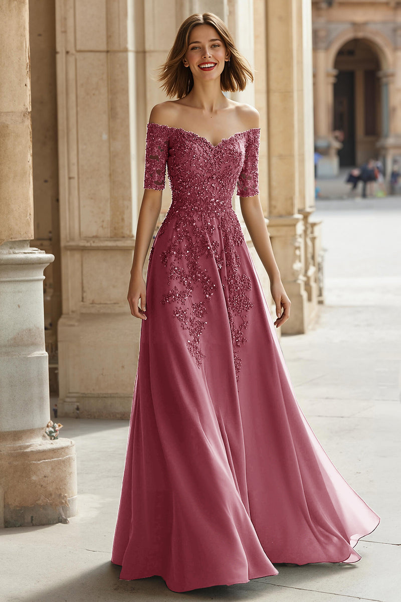 Load image into Gallery viewer, Pine Green Chiffon Off the Shoulder A-Line Long Mother of the Bride Dress with Beading