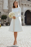 Load image into Gallery viewer, Women Ivory Satin Short Wedding Dress A Line Round Neck Long Sleeves Bridal Shower Dress