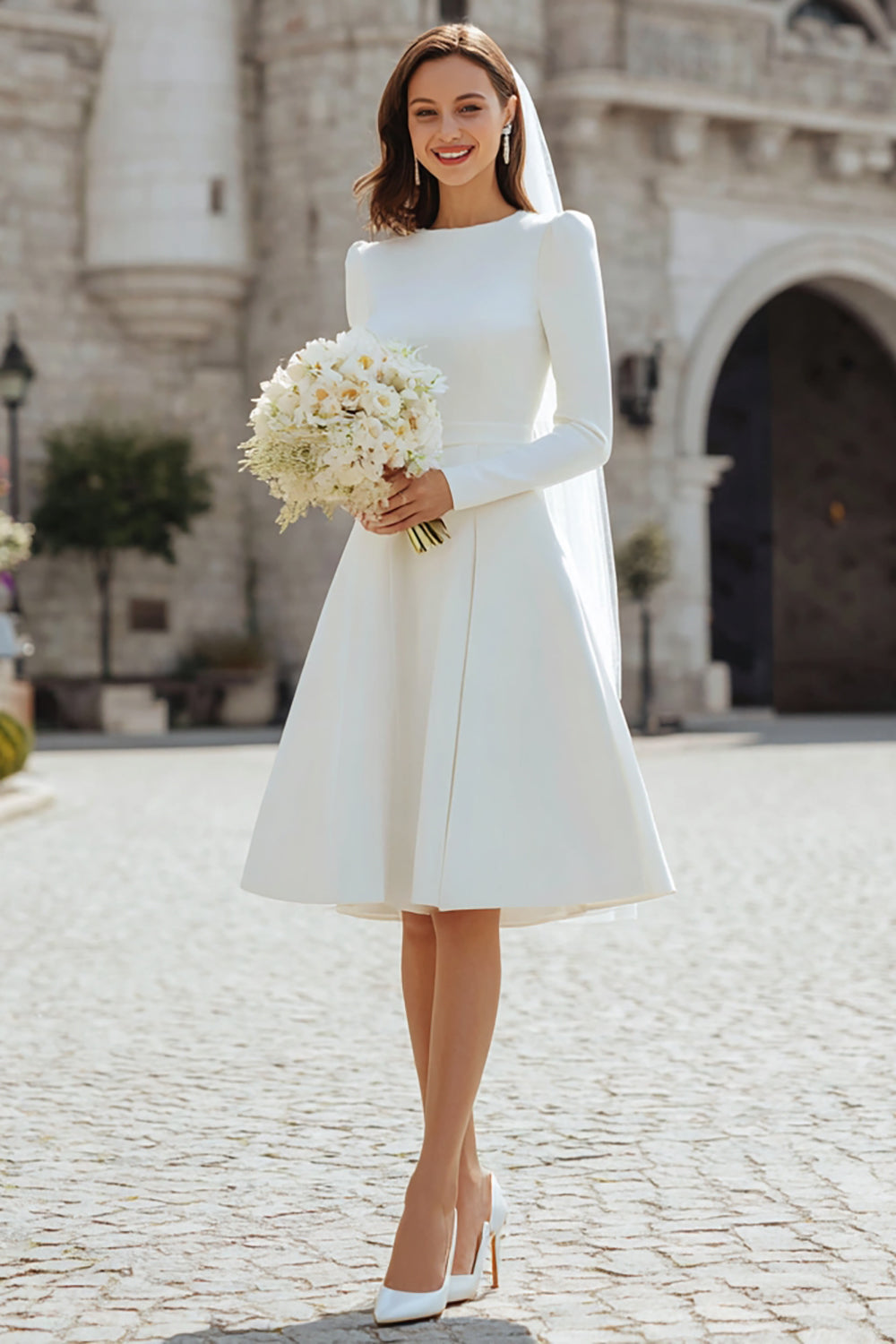 Ivory Satin A Line Short Wedding Dress with Sleeves