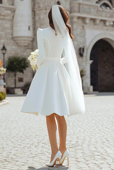 Ivory Satin A Line Short Wedding Dress with Sleeves