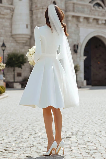 Ivory Satin A Line Short Wedding Dress with Sleeves