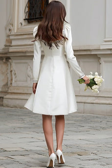 Sparkly Ivory Satin A Line Short Wedding Dress with Sleeves