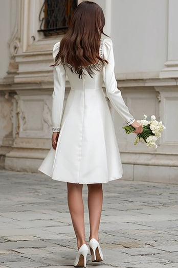 Sparkly Ivory Satin A Line Short Wedding Dress with Sleeves