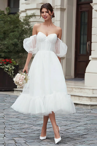 Ivory A Line Tulle Off the Shoulder Midi Wedding Dress