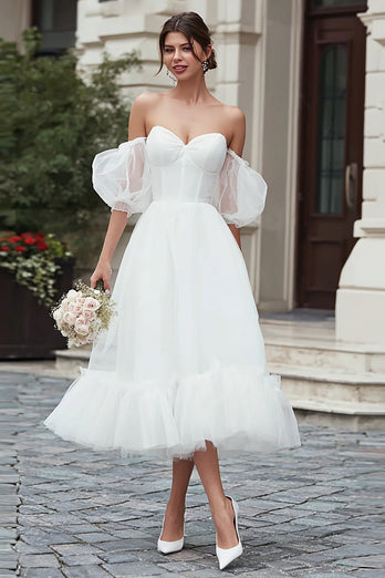 Ivory A Line Tulle Off the Shoulder Midi Wedding Dress