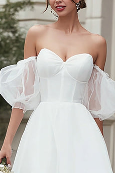 Ivory A Line Tulle Off the Shoulder Midi Wedding Dress