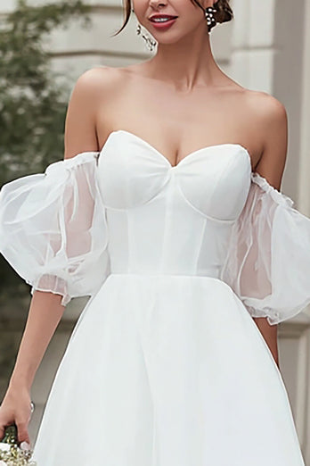 Ivory A Line Tulle Off the Shoulder Midi Wedding Dress