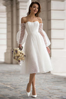 Load image into Gallery viewer, Ivory A Line Off the Shoulder Midi Wedding Dress with Sleeves