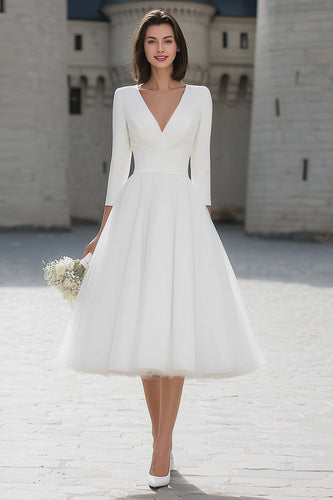 Queendancer Women Ivory Tulle Midi Wedding Dress with Sleeves A Line V-Neck Bridal Shower Dress