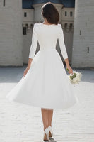 Load image into Gallery viewer, Ivory A Line V-Neck Midi Wedding Dress with Sleeves