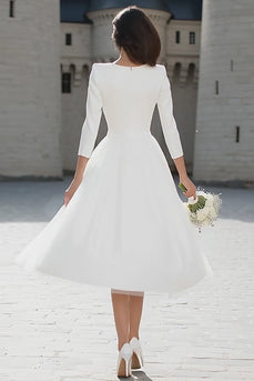 Ivory A Line V-Neck Midi Wedding Dress with Sleeves