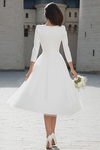 Ivory A Line V-Neck Midi Wedding Dress with Sleeves