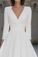 Load image into Gallery viewer, Ivory A Line V-Neck Midi Wedding Dress with Sleeves