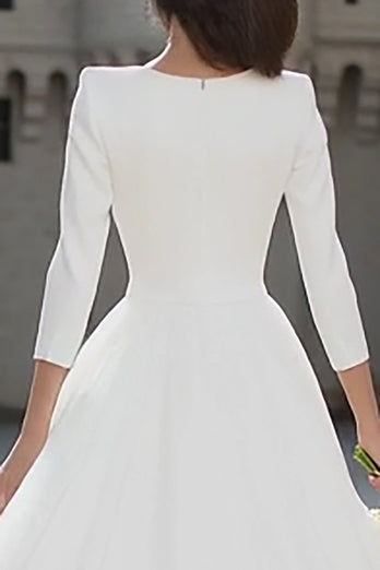 Ivory A Line V-Neck Midi Wedding Dress with Sleeves