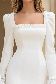 Ivory Satin Bodycon Square Neck Short Bridal Shower Dress with Sleeves