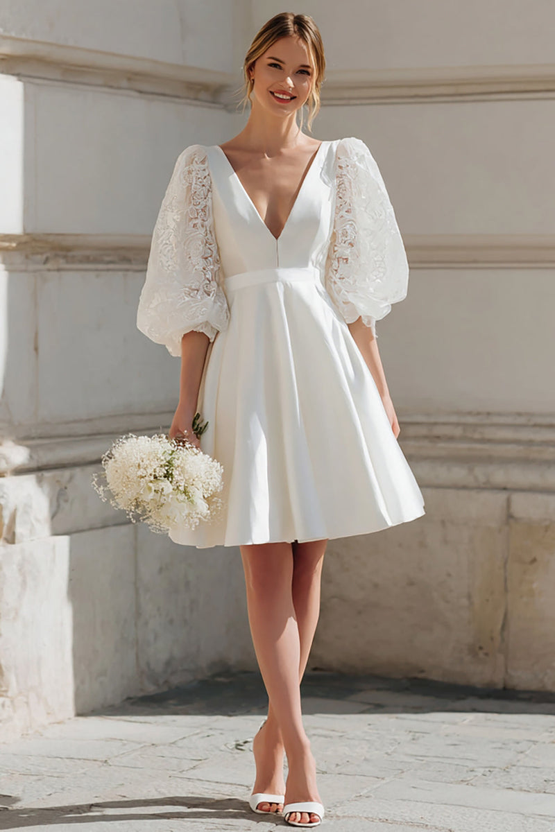 Queendancer Women Ivory Short Wedding Dress with Lace Satin V-Neck A Line Bridal  Shower Dress with Sleeves – queendanceruk
