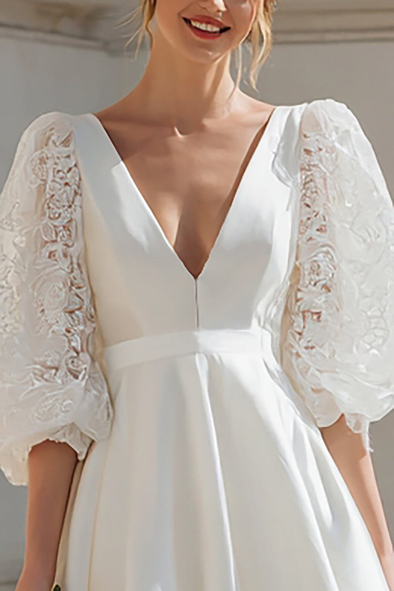Load image into Gallery viewer, Ivory Sati A Line V-Neck Short Bridal Shower Dress with Lace