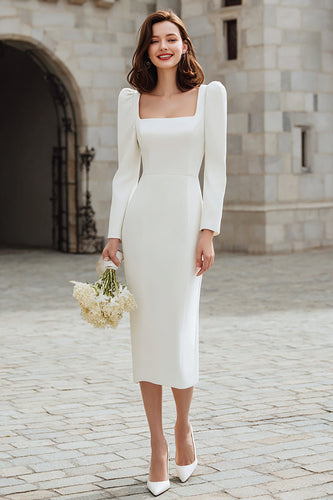 Ivory Square Neck Bodycon Midi Engagement Dress with Sleeves