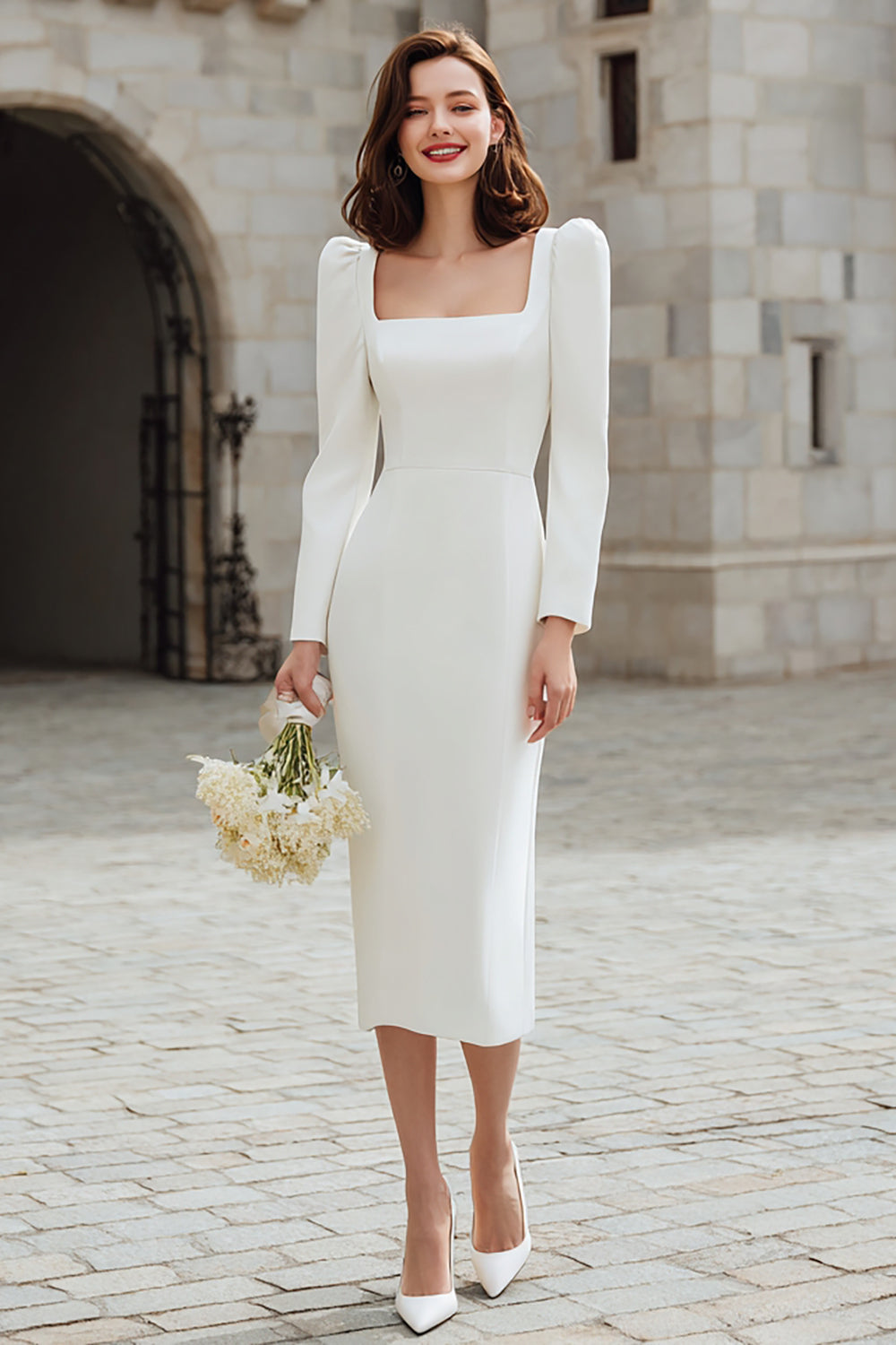 Ivory Square Neck Bodycon Midi Engagement Dress with Sleeves