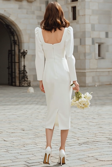 Ivory Square Neck Bodycon Midi Engagement Dress with Sleeves