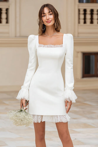 Ivory Satin Square Neck Short Bridal Shower Dress with Lace