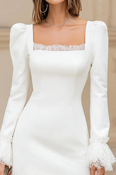 Ivory Satin Square Neck Short Bridal Shower Dress with Lace