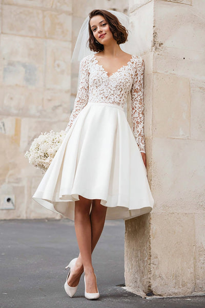 Ivory Satin V-Neck A Line Short Wedding Dress with Lace
