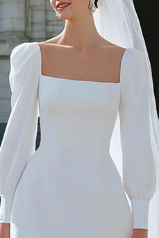 Ivory A Line Satin Short Wedding Dress with Sleeves