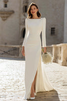 Load image into Gallery viewer, Ivory Bateau Neck Sheath Maxi Bridal Dress with Slit