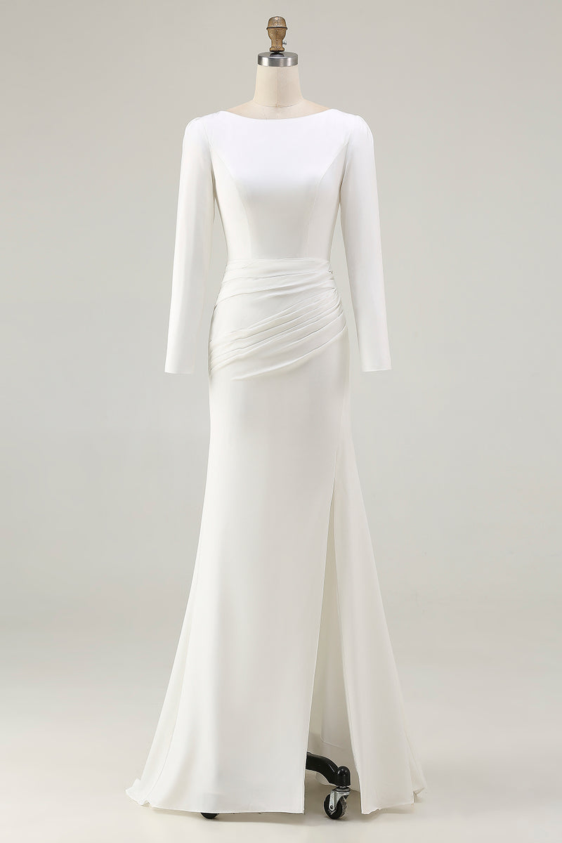 Load image into Gallery viewer, Ivory Bateau Neck Sheath Maxi Bridal Dress with Slit