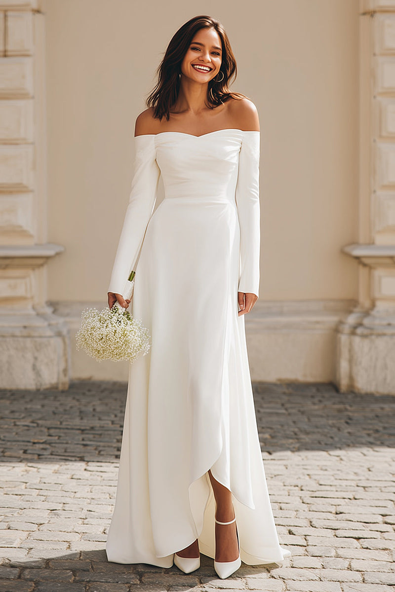 Queendancer Women Ivory Satin Maxi Engagement Dress with Sleeves Sheath