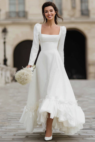 Ivory A Line Ruffled Satin Maxi Engagement Dress with Sleeves
