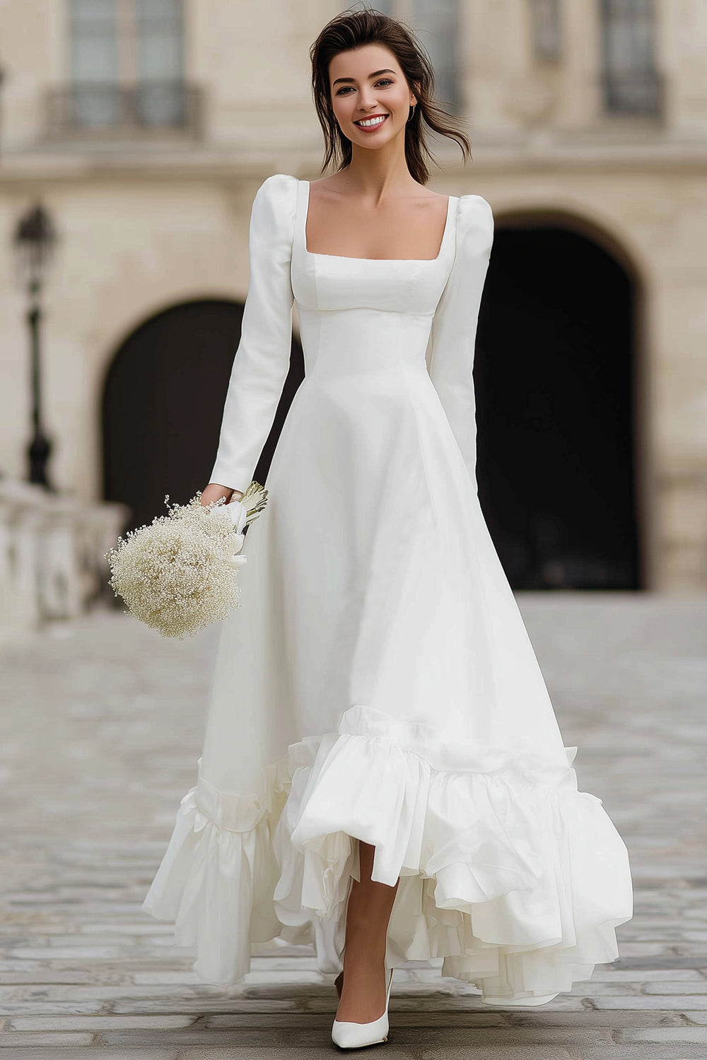 Ivory A Line Ruffled Satin Maxi Engagement Dress with Sleeves