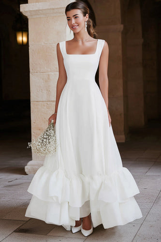 Ivory Satin A Line Maxi Tiered Engagement Dress with Ruffles