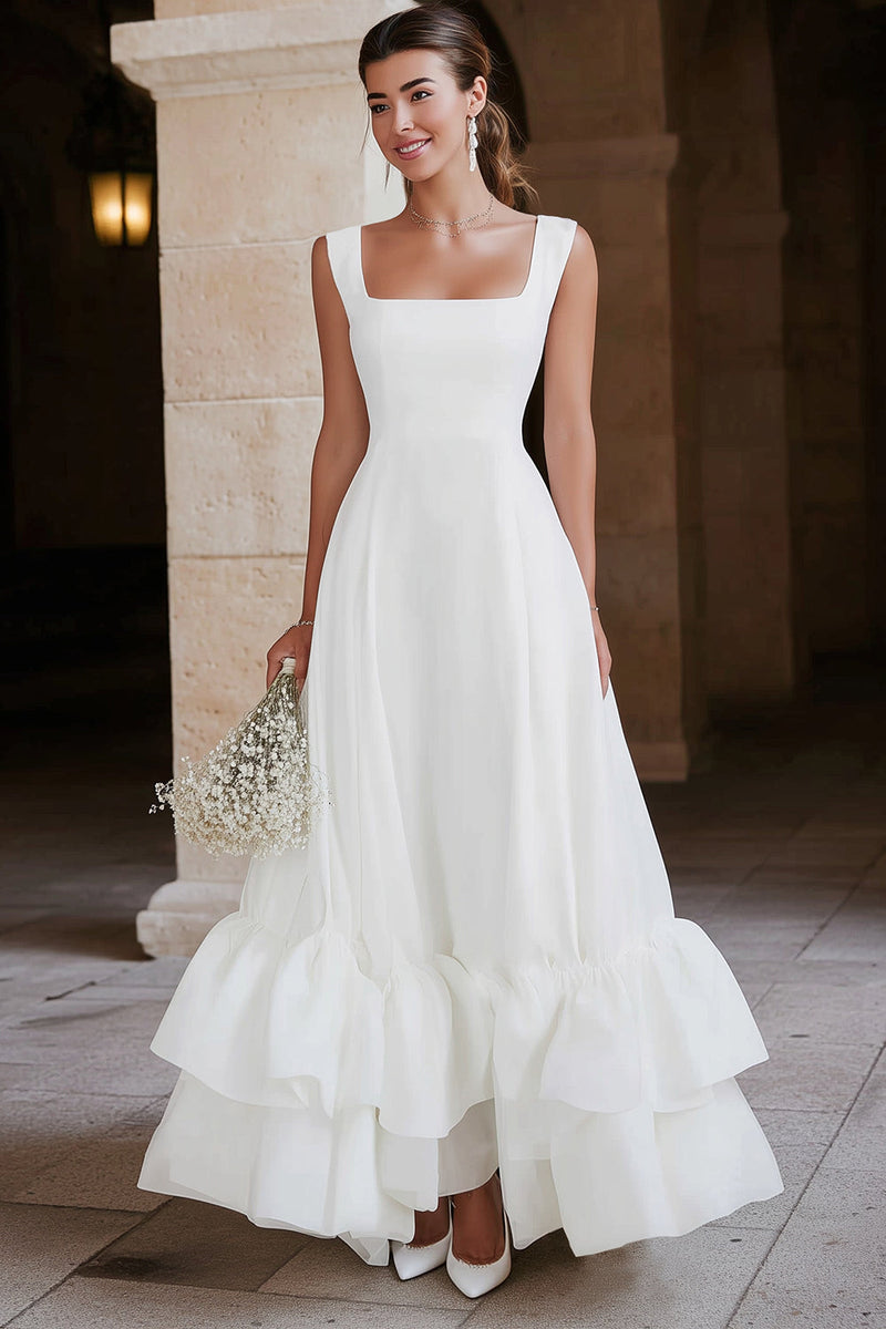 Load image into Gallery viewer, Ivory Satin A Line Maxi Tiered Engagement Dress with Ruffles