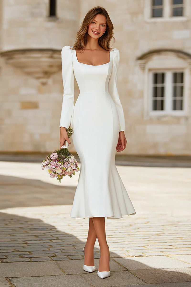 Load image into Gallery viewer, Ivory Mermaid Square Neck Tea Length Engagement Dress with Sleeves