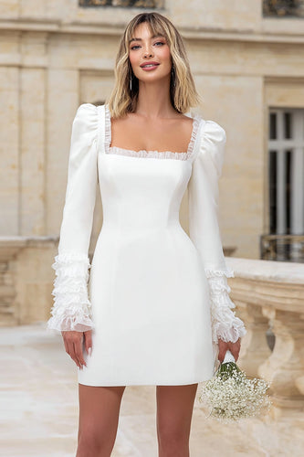 
Women Ivory Square Neck Long Sleeves Bridal Shower Dress with Ruffles Bodycon Short Wedding Dress