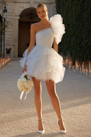 Load image into Gallery viewer, Ivory Tulle Ruffled A-Line One Shoulder Short Bachelorette Dress